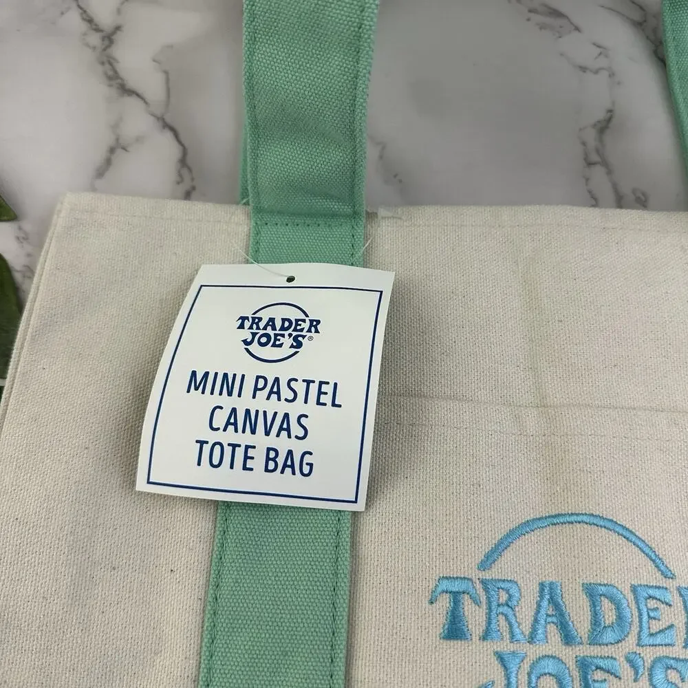 Trader Joes Mini Pastel Canvas Tote Bag Set of 2 New Blue Mint Green Embroidered